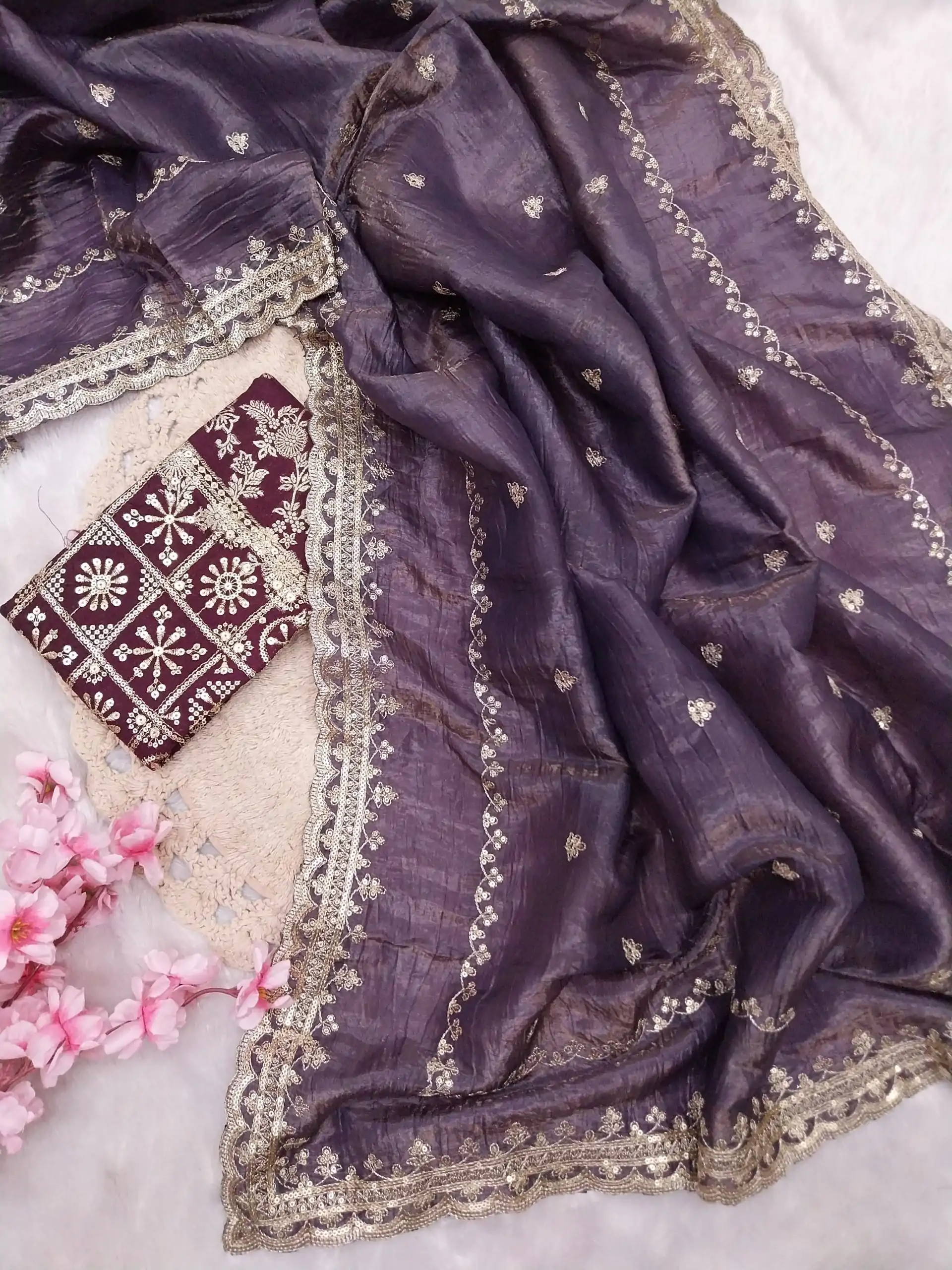 Progressive Purple Color Georgette With Embroidery Work Saree - Image 3