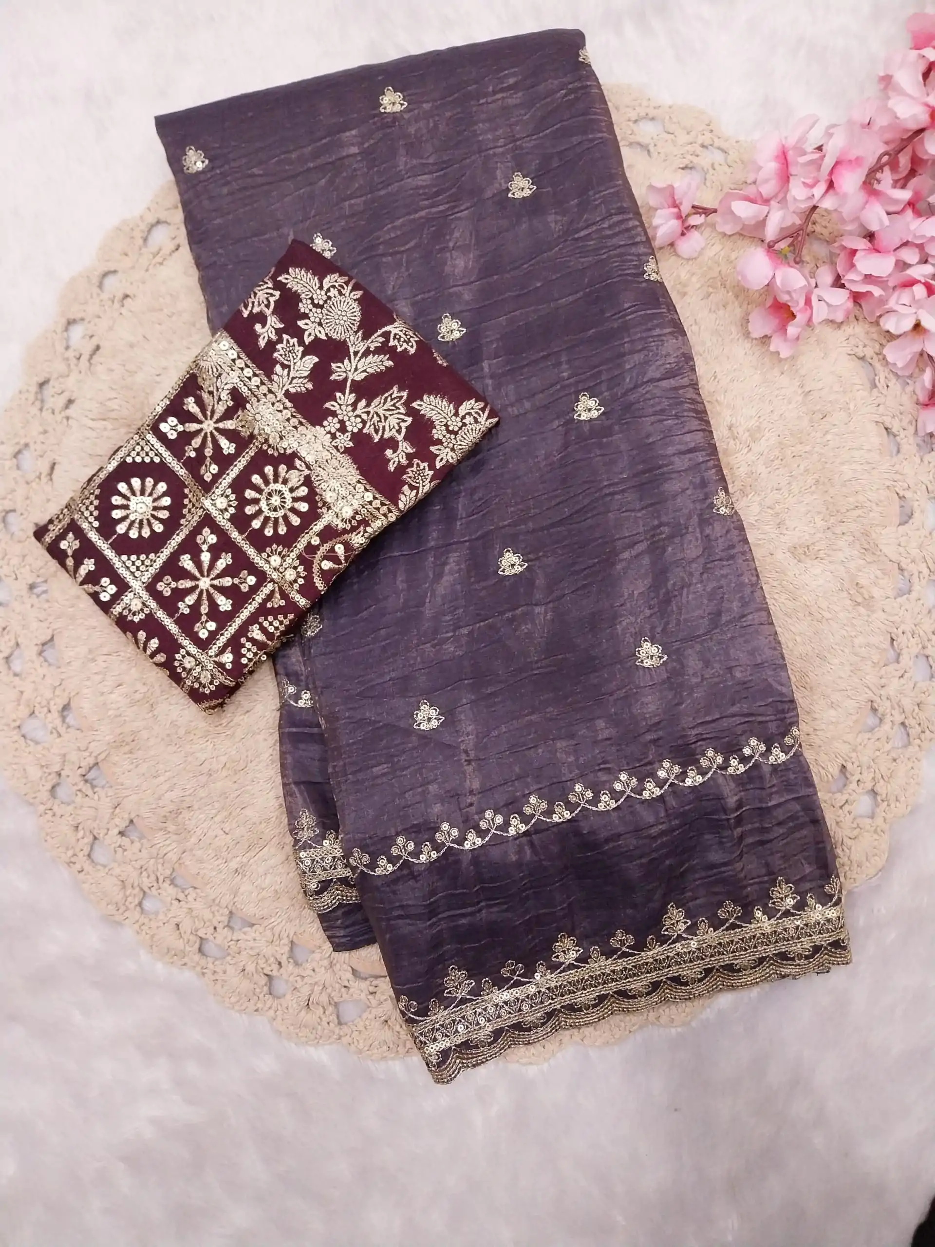 Progressive Purple Color Georgette With Embroidery Work Saree - Image 4