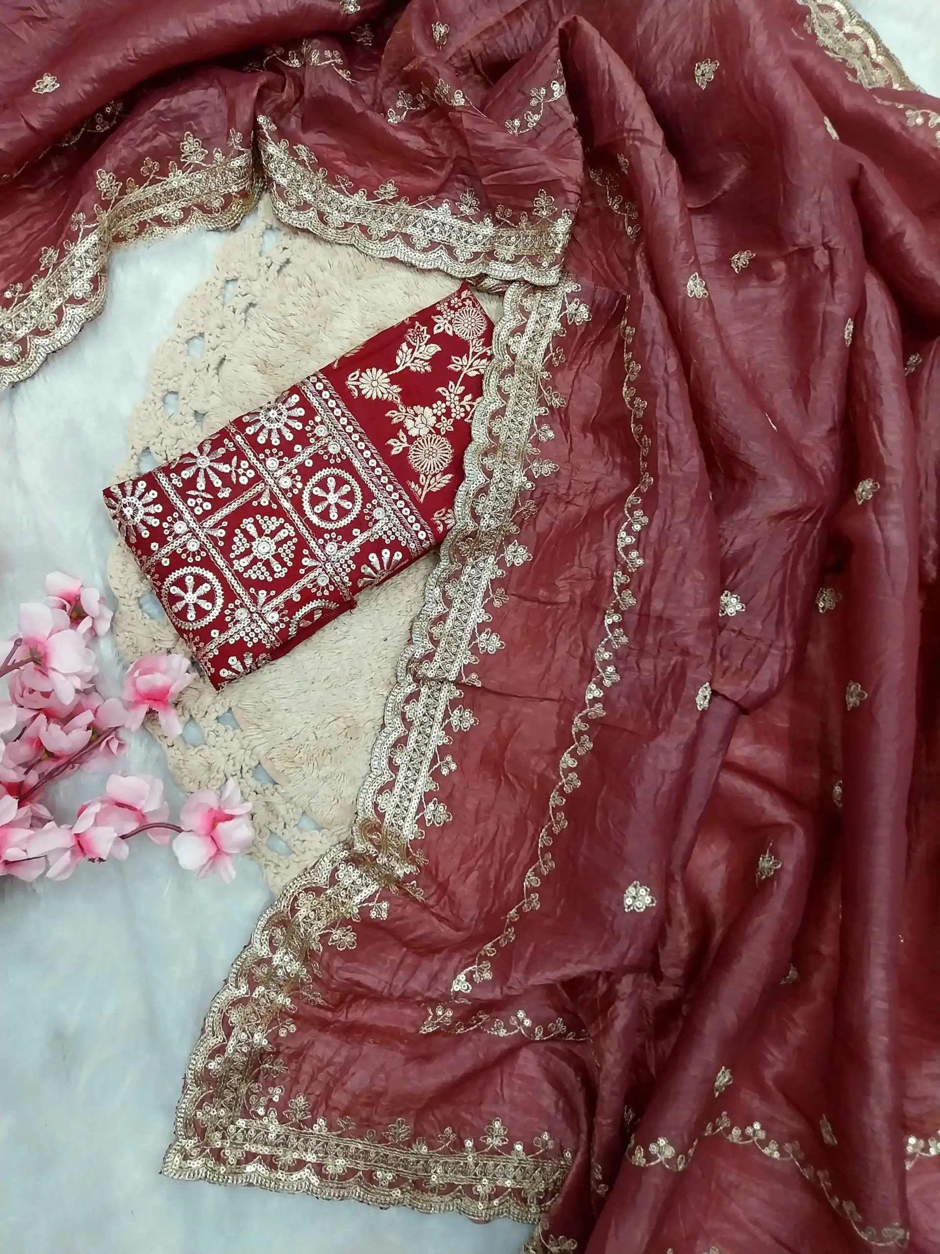 References Red Color Georgette With Embroidery Work Saree - Image 2