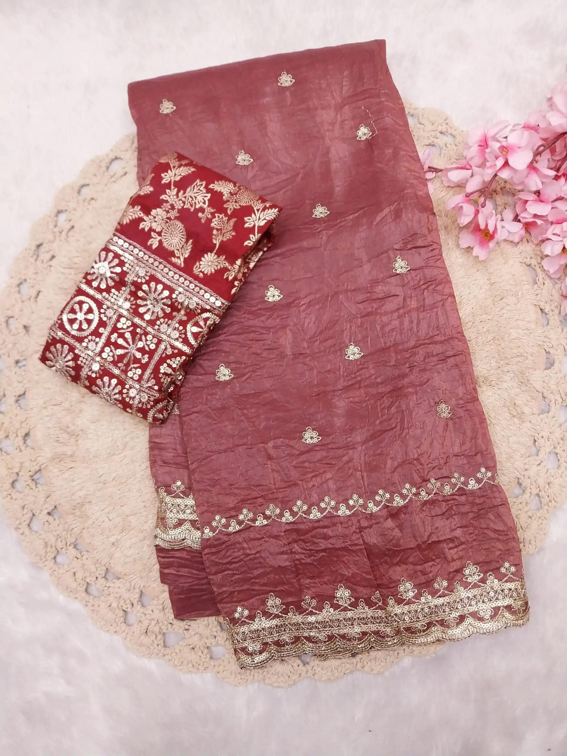 References Red Color Georgette With Embroidery Work Saree - Image 3