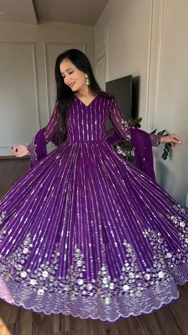 Women's Purple Color Fox Georgette sequence Embroidery Work With Gown