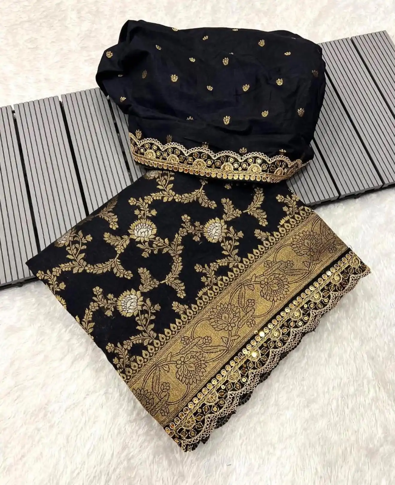 Amazing Black Color Jacquard Weaving With Embroidery Cording Lace Saree - Image 2