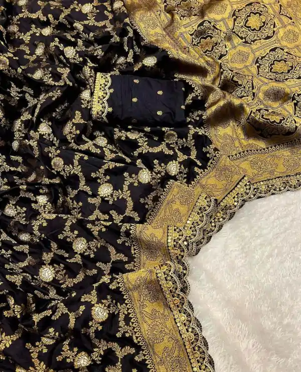 Amazing Black Color Jacquard Weaving With Embroidery Cording Lace Saree
