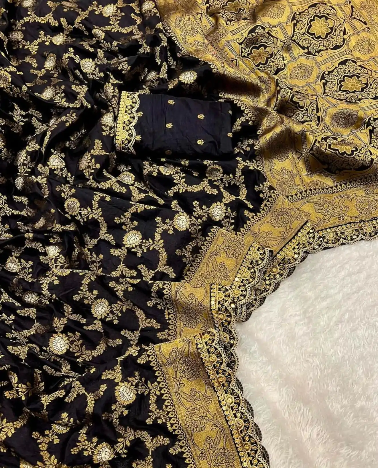 Amazing Black Color Jacquard Weaving With Embroidery Cording Lace Saree