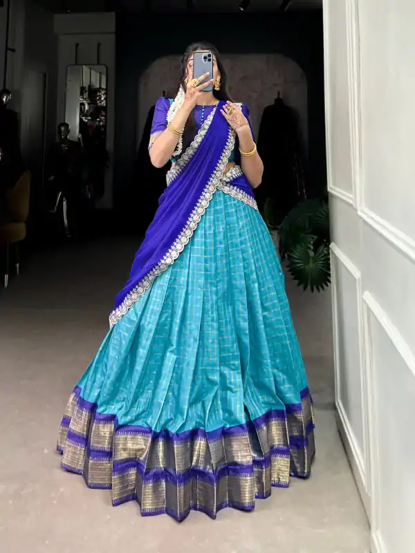 Amazing Blue Color Zari Chex With Zari Weaving Work Lehenga Choli