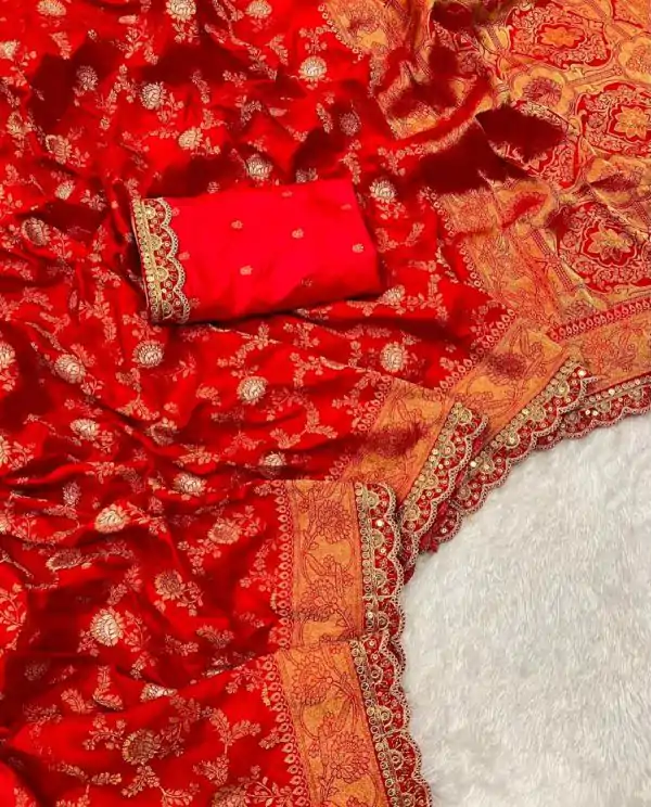 Amazing Orange Color Jacquard Weaving With Embroidery Cording Lace Saree