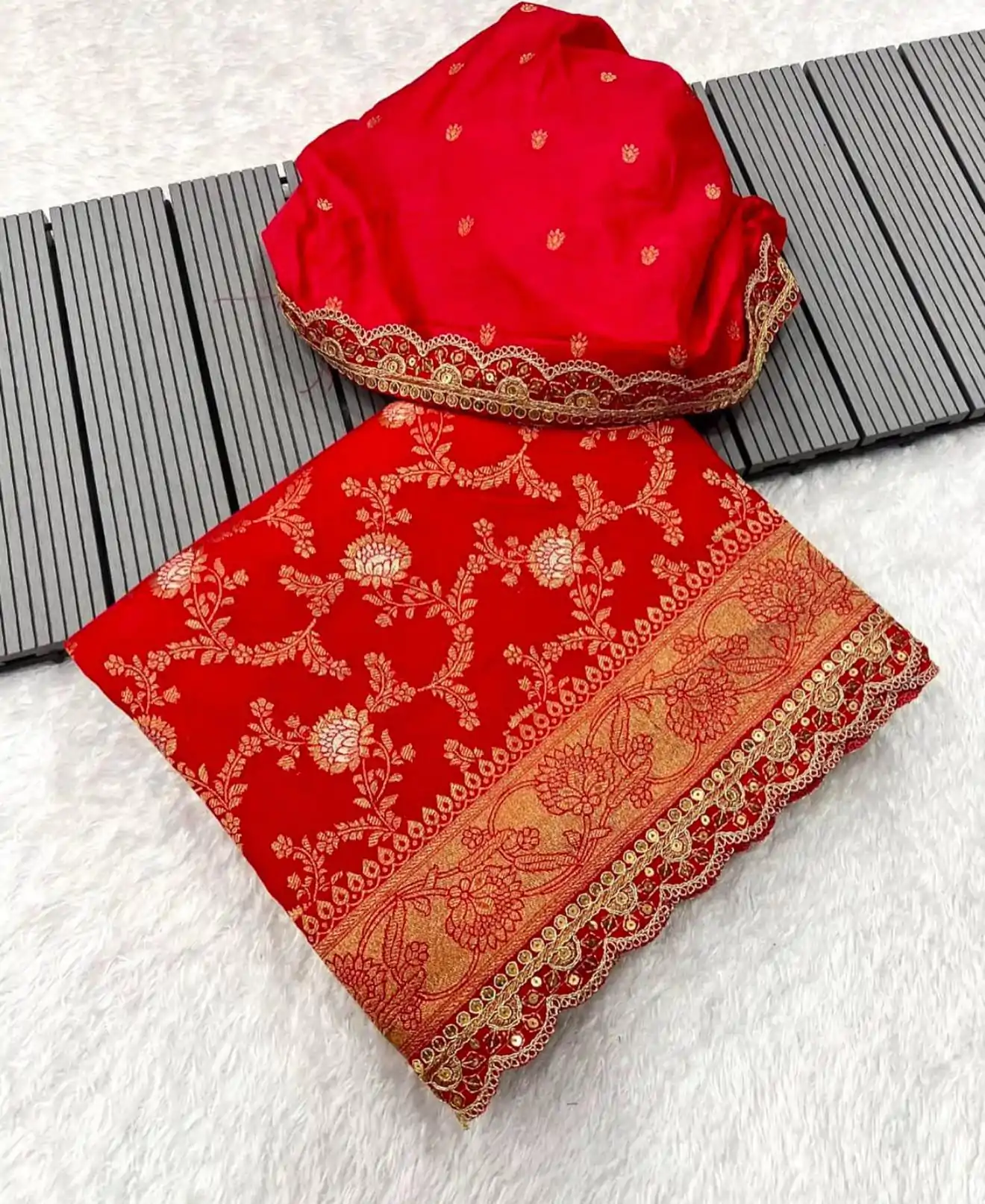 Amazing Orange Color Jacquard Weaving With Embroidery Cording Lace Saree - Image 2