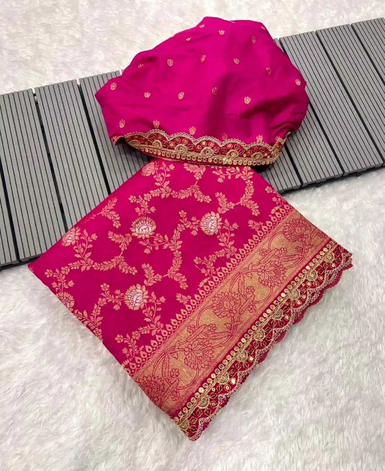 Amazing Pink Color Jacquard Weaving With Embroidery Cording Lace Saree - Image 2