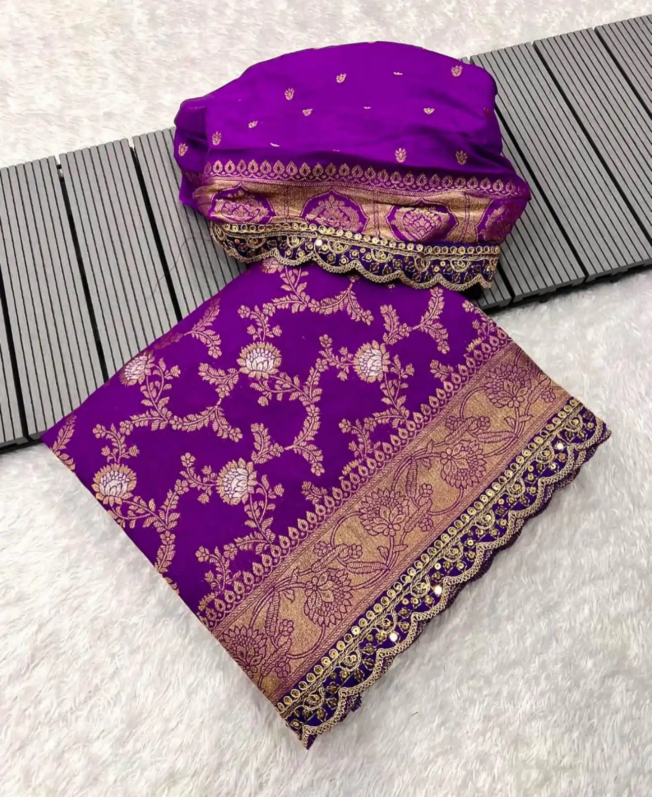 Amazing Purple Color Jacquard Weaving With Embroidery Cording Lace Saree - Image 2