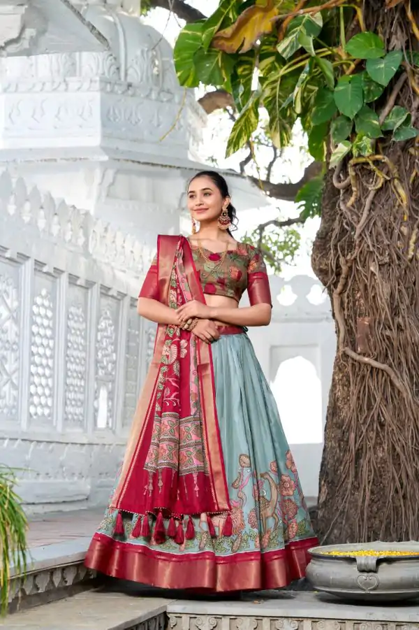 Amazing Red Color Dola Silk Kalamkari Print Zari Border Lehenga Choli