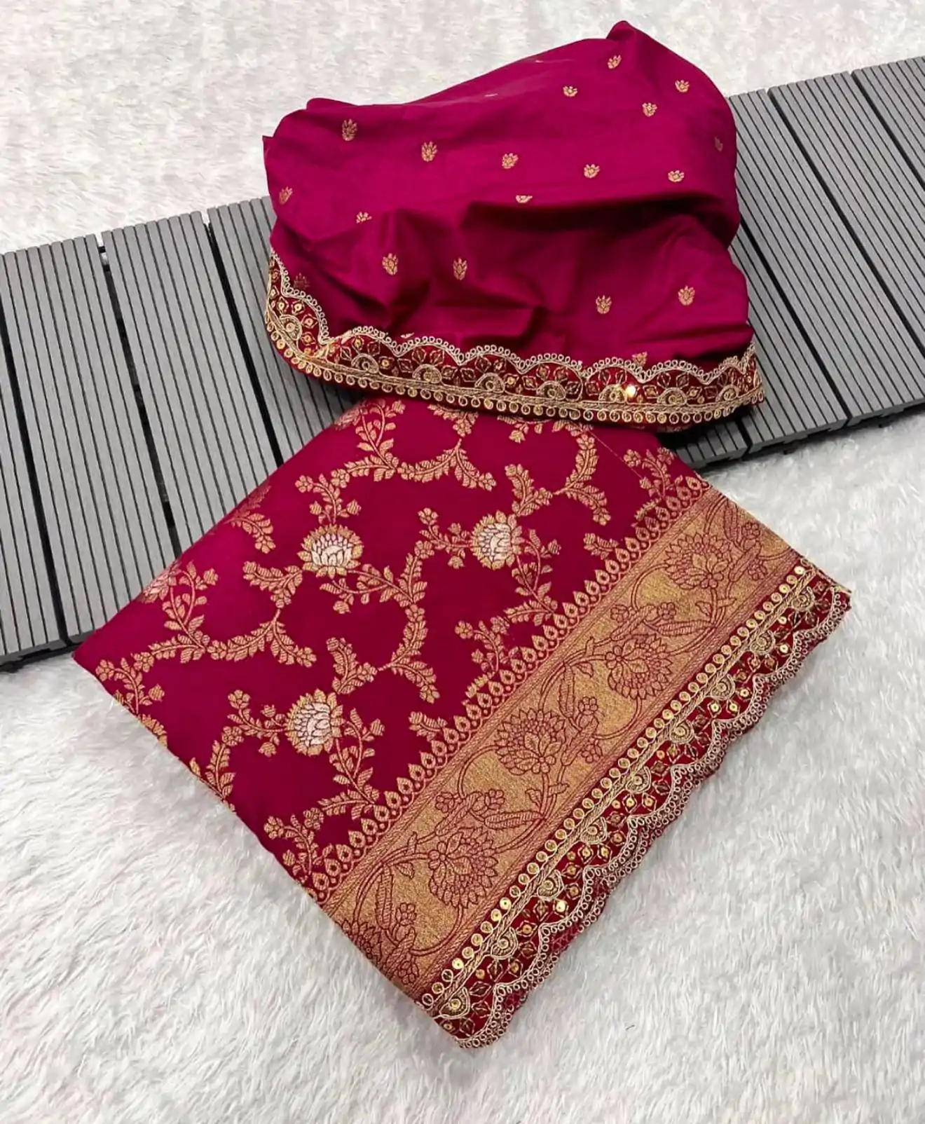 Amazing Red Color Jacquard Weaving With Embroidery Cording Lace Saree - Image 2