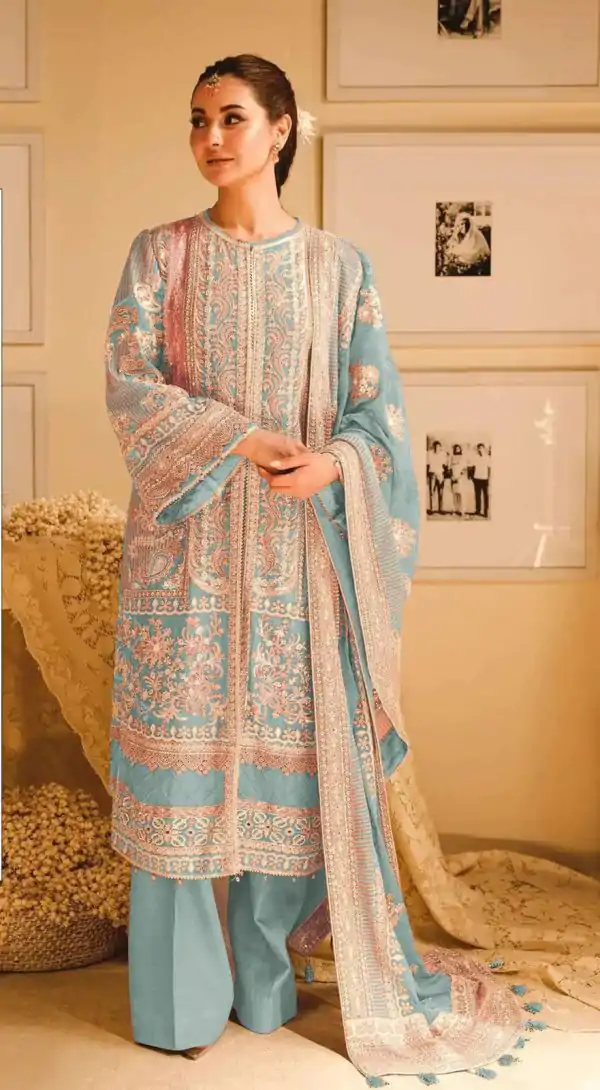 Amazing Sky Blue Color Fox Georgette With Embroidery Sequence Moti Salwar Suit
