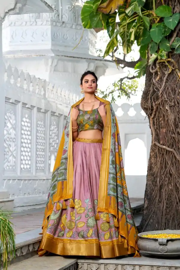 Amazing Yellow Color Dola Silk Kalamkari Print Zari Border Lehenga Choli