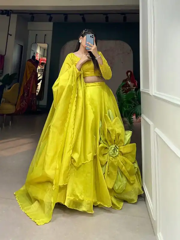 Awesome Parrot Green Color Raj wadi Chanderi Silk Hand Made Flower Lehenga Choli