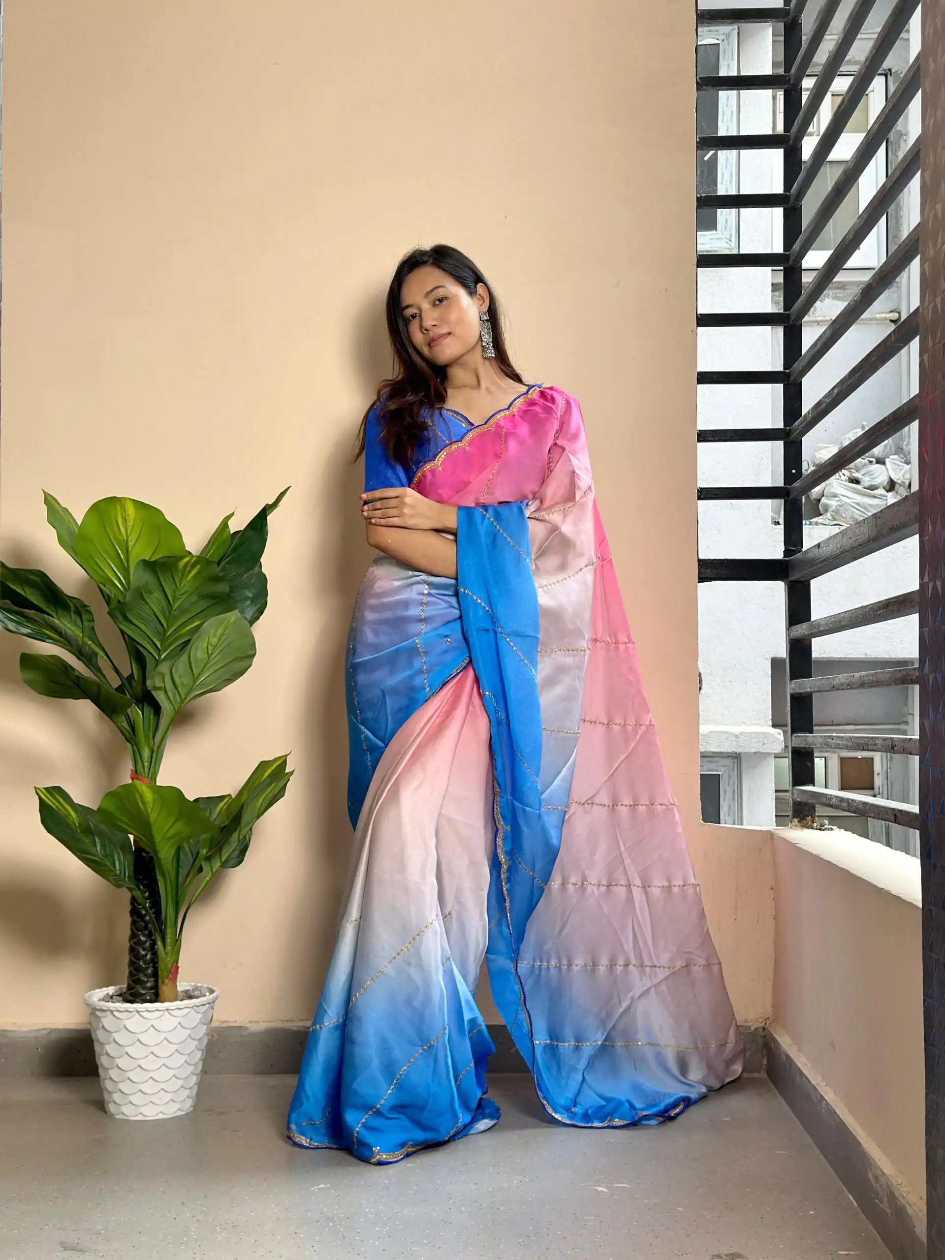 Beautiful Blue Color Soft Georgette Satin With Digital Print Embroidery Work Saree - Image 2