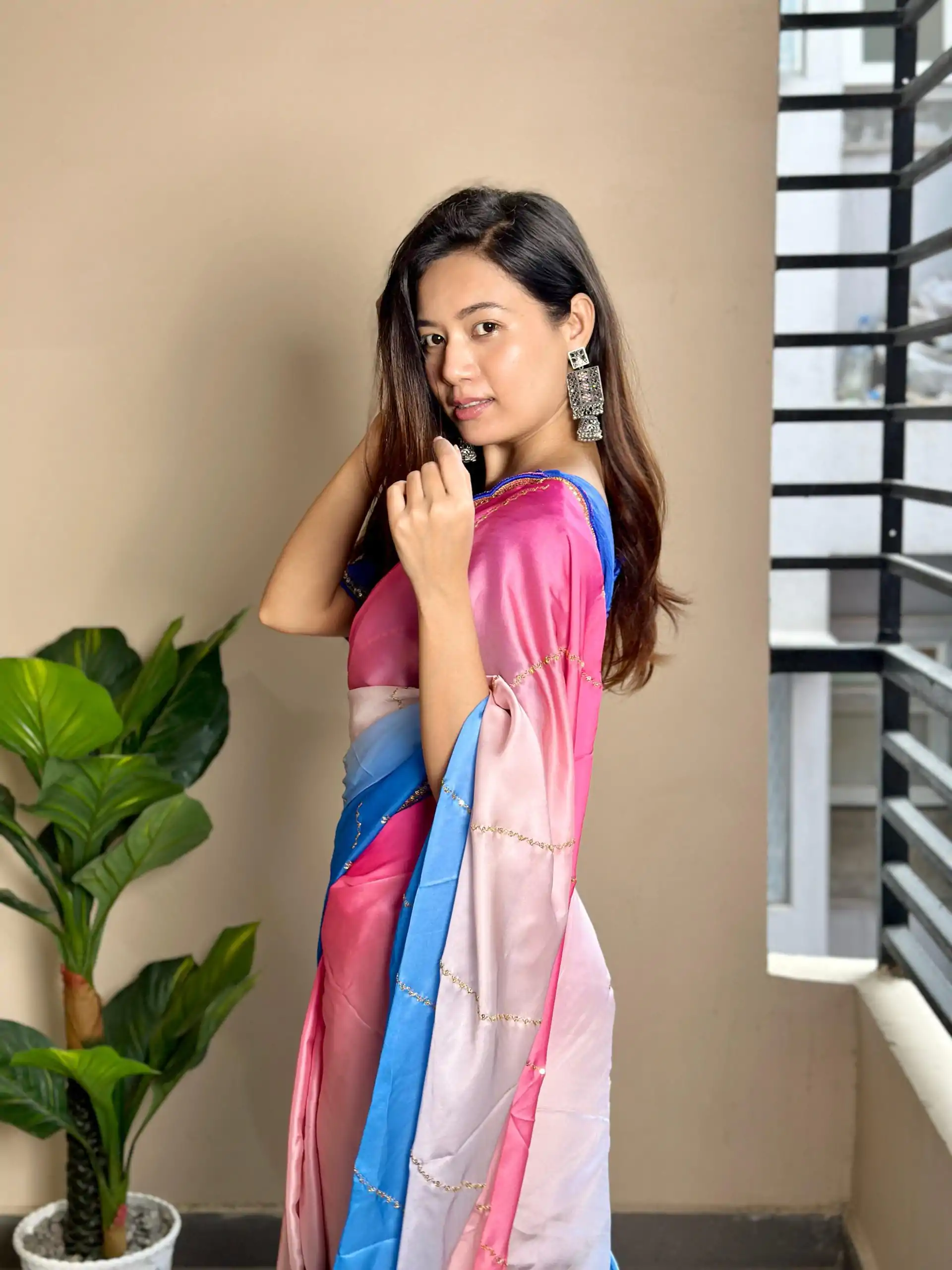 Beautiful Blue Color Soft Georgette Satin With Digital Print Embroidery Work Saree - Image 3