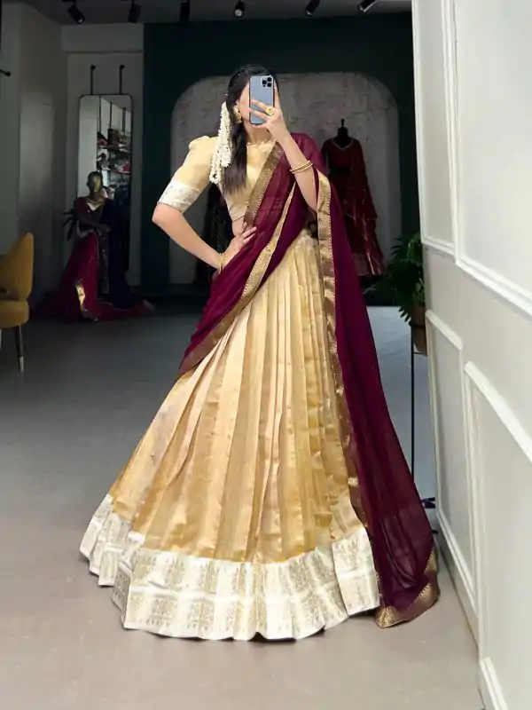 Beautiful Cream Color Kanchipuram Zari Weaving Work Lehenga Choli