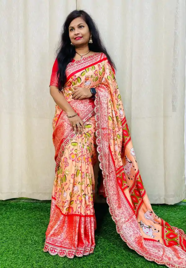 Beautiful Peach Color Dola Silk With Zari Weaving Border Saree