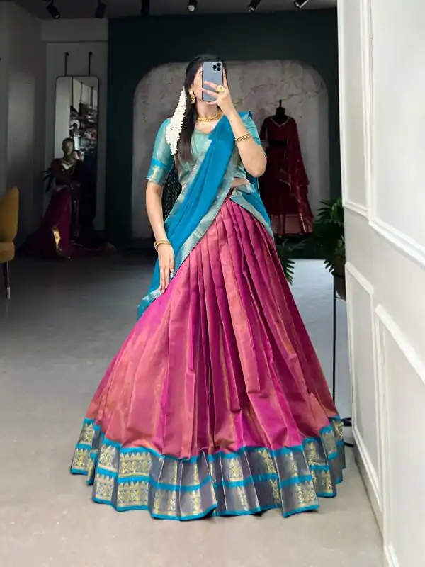 Beautiful Pink Color Kanchipuram Zari Weaving Work Lehenga Choli