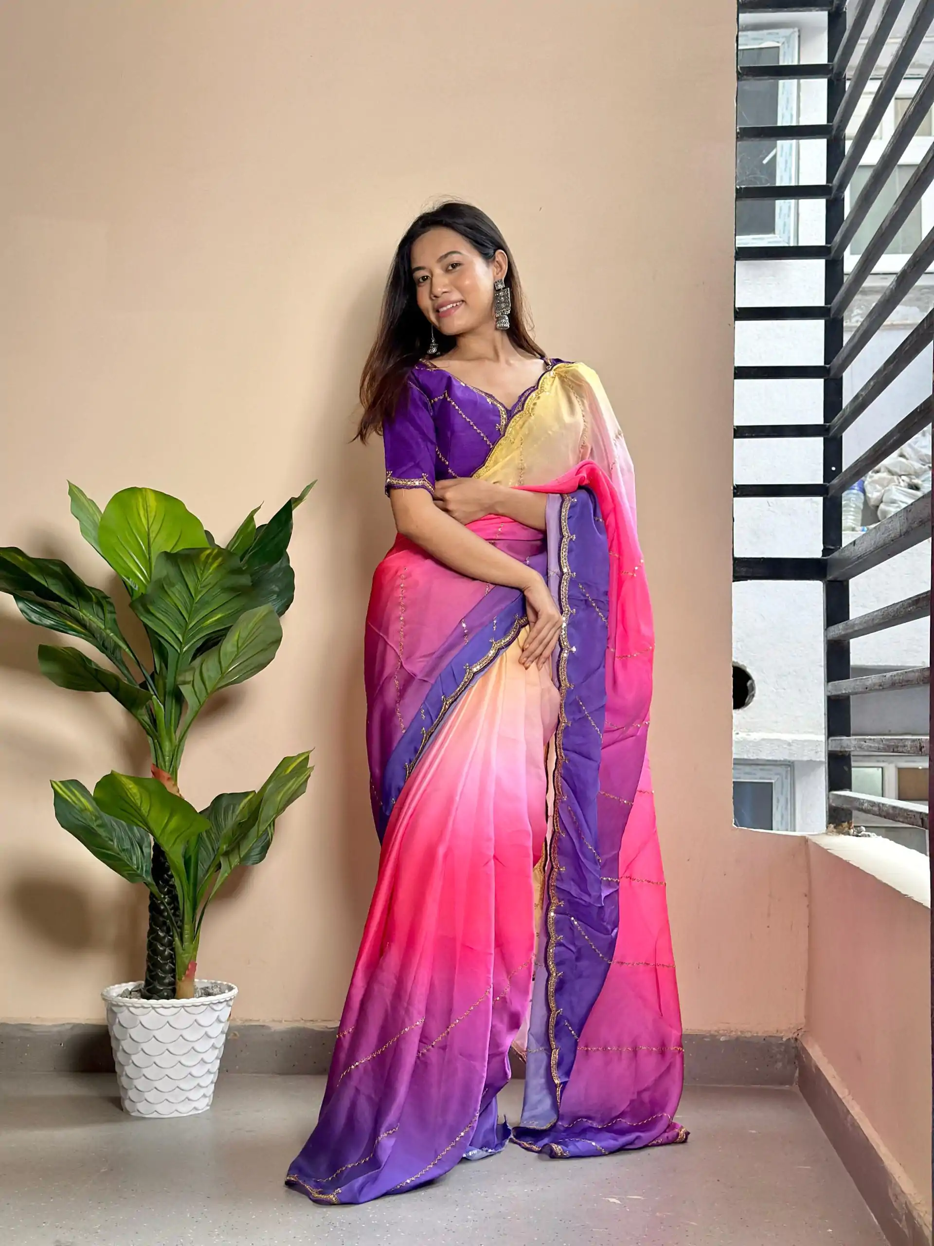 Beautiful Purple Color Soft Georgette Satin With Digital Print Embroidery Work Saree - Image 3