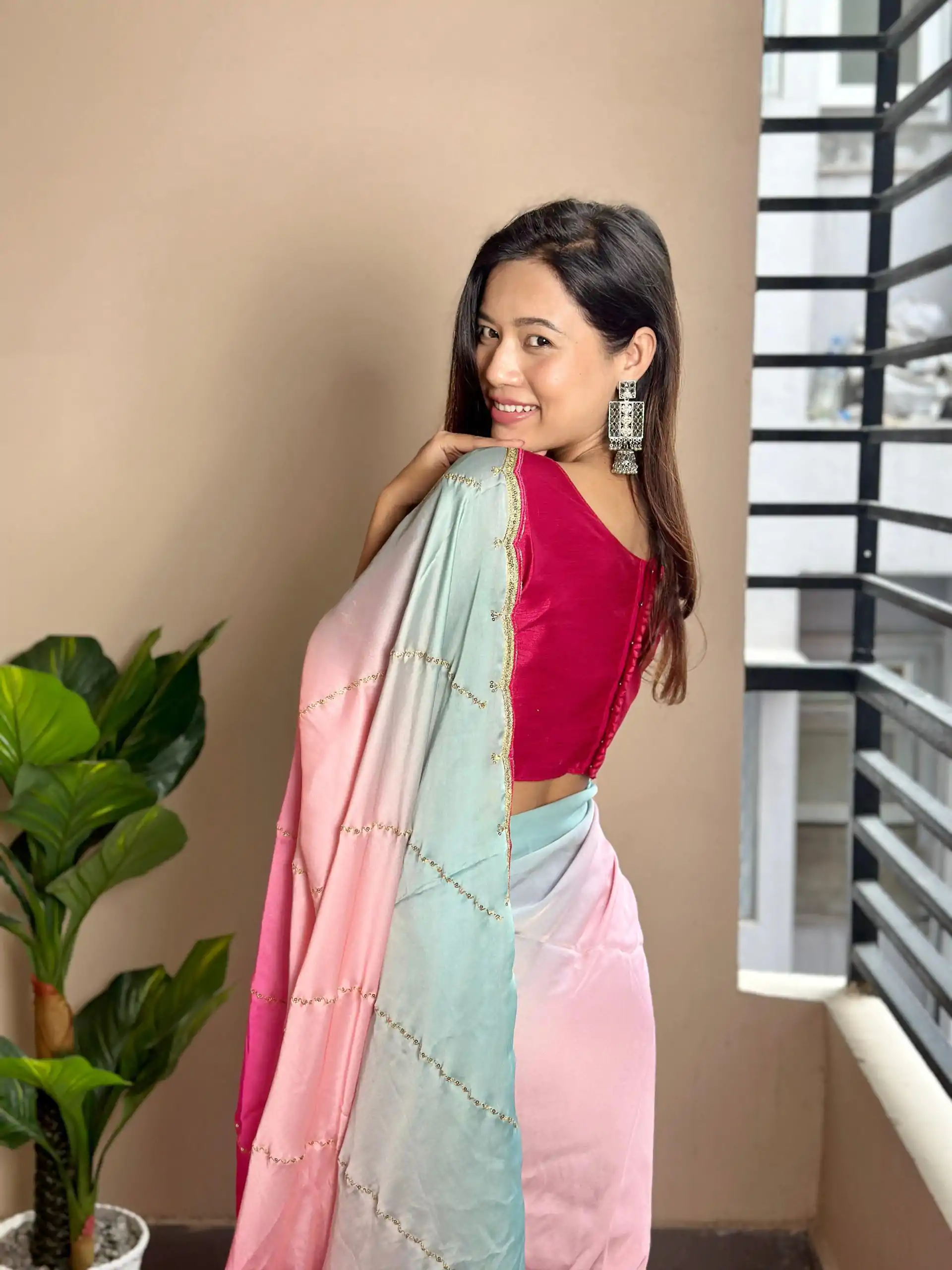 Beautiful Red Color Soft Georgette Satin With Digital Print Embroidery Work Saree - Image 3