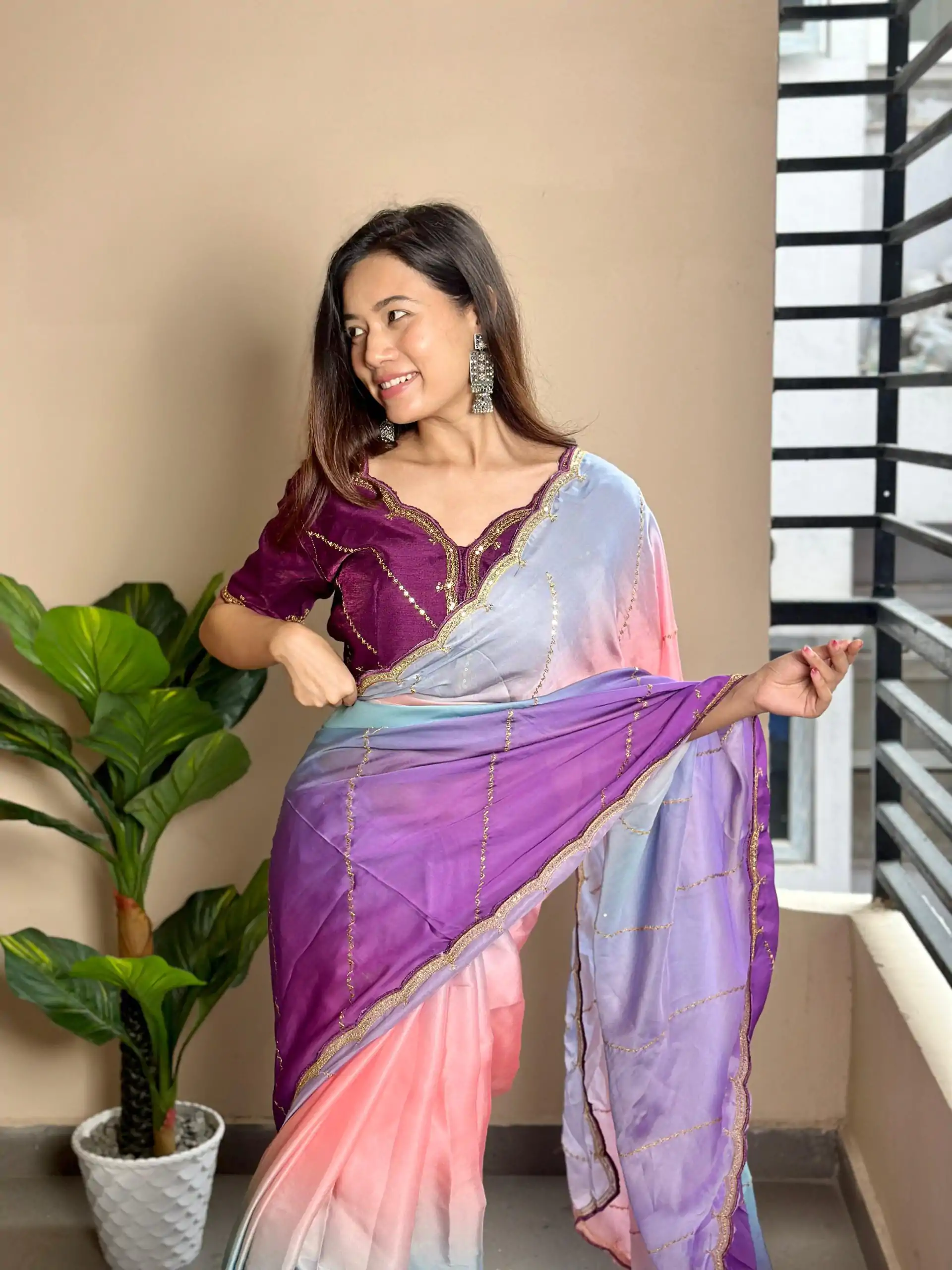 Beautiful Wine Color Soft Georgette Satin With Digital Print Embroidery Work Saree - Image 2
