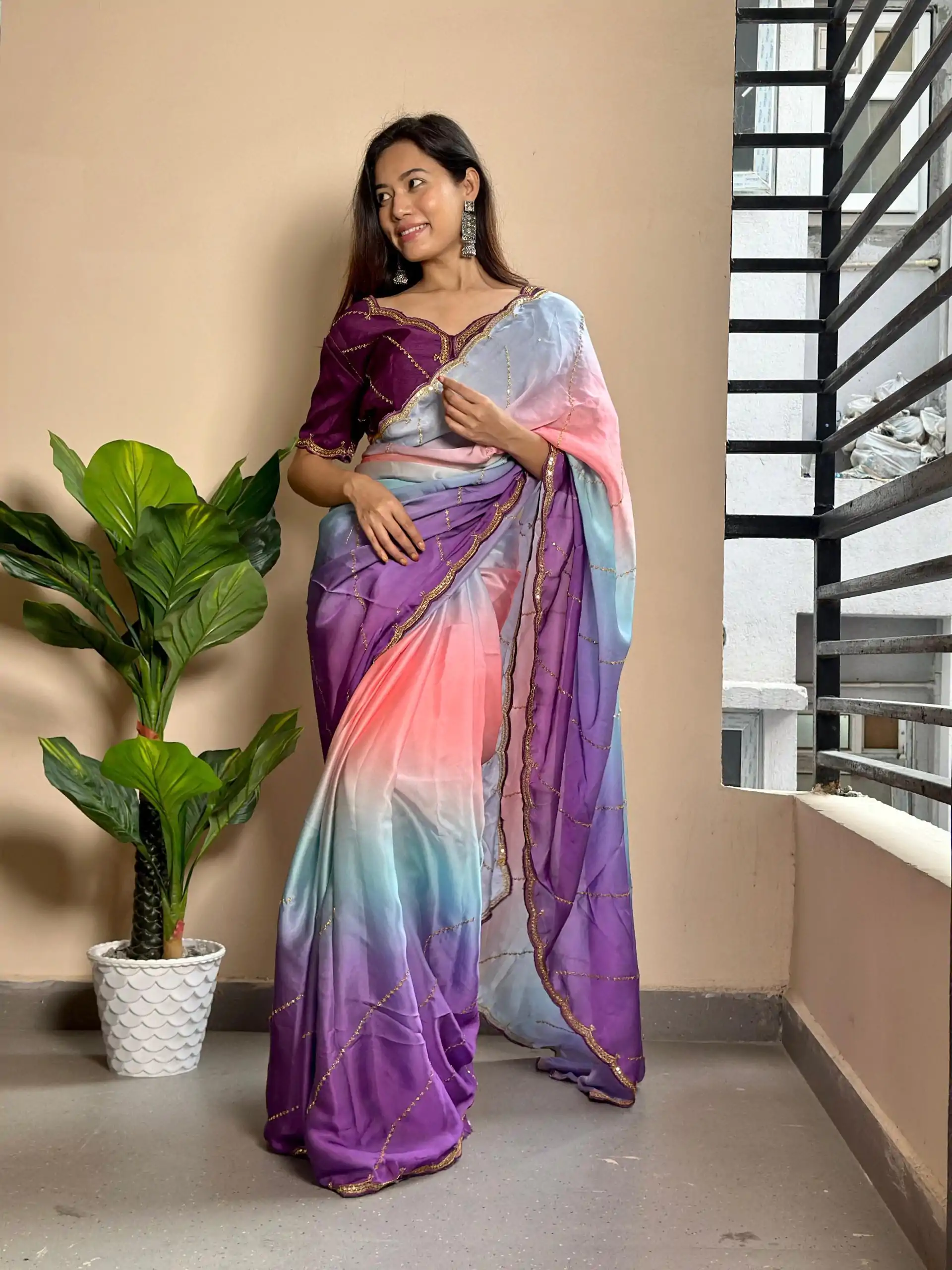Beautiful Wine Color Soft Georgette Satin With Digital Print Embroidery Work Saree - Image 3
