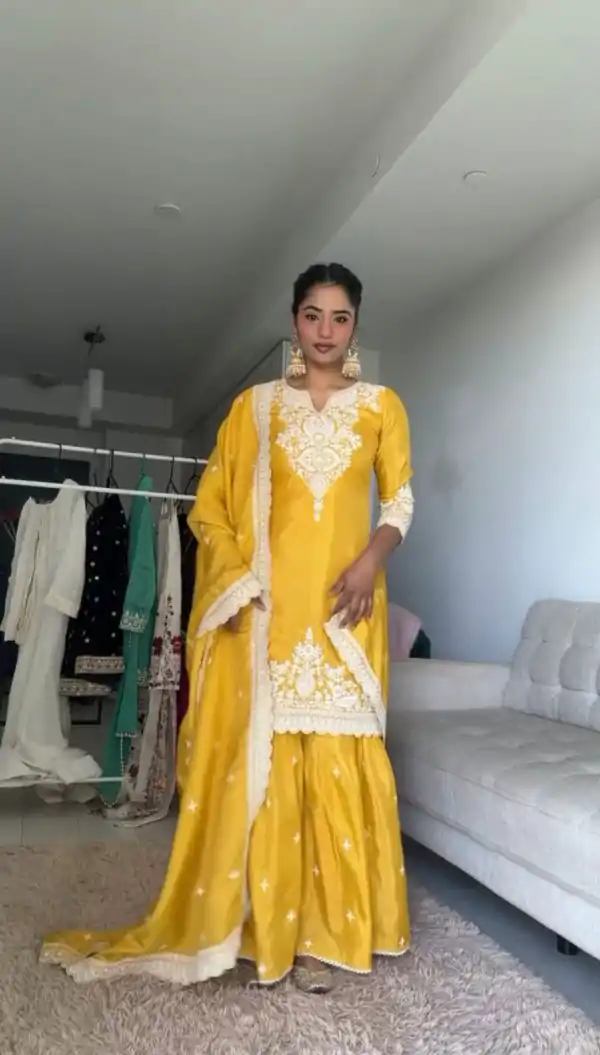 Beautiful Yellow Color Chinnon Silk thread With Sequence Sharara Suit