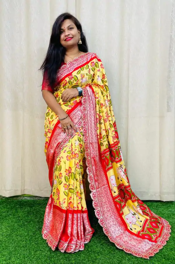 Beautiful Yellow Color Dola Silk With Zari Weaving Border Saree
