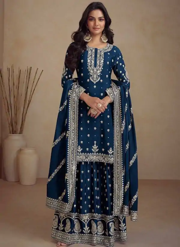 Classic Blue Color Heavy Semi Chinon Silk Codding Embroidery Salwar Suit