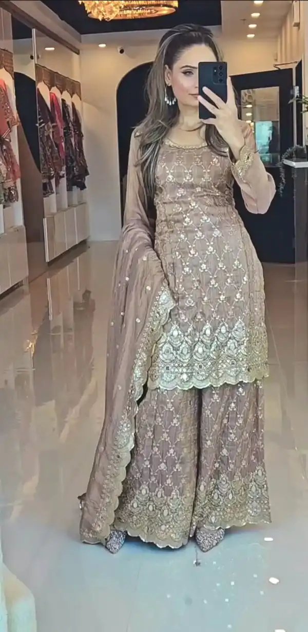 Classic Cream Color Chinnon Silk Embroidery Sequence Work Real Mirror Hand Work Salwar Suit