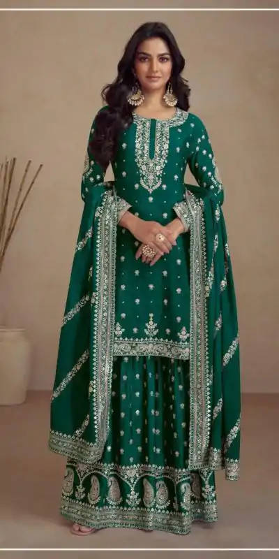 Classic Green Color Heavy Semi Chinon Silk Codding Embroidery Salwar Suit