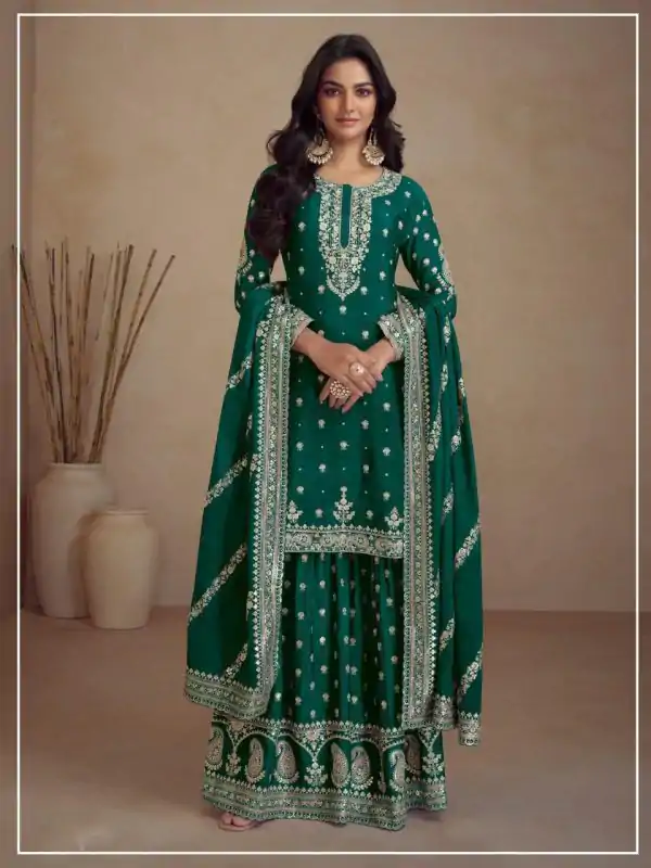 Classic Green Color Heavy Semi Chinon Silk Codding Embroidery Salwar Suit