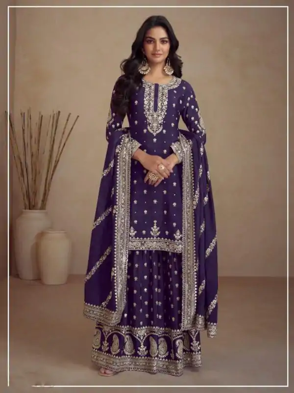 Classic Purple Color Heavy Semi Chinon Silk Codding Embroidery Salwar Suit
