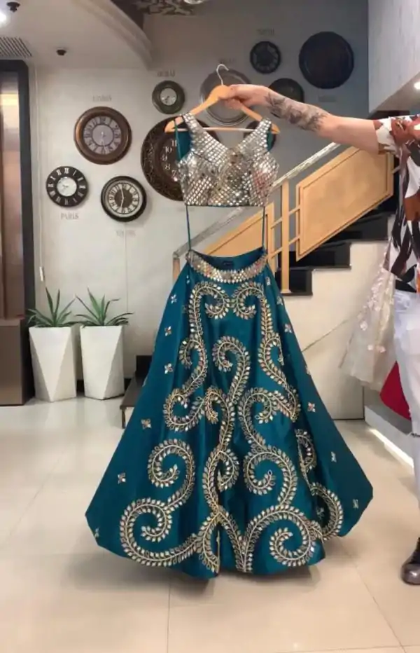 Exciting Peacock Blue Color Taffeta Silk Original Glass Mirror Work Lehenga