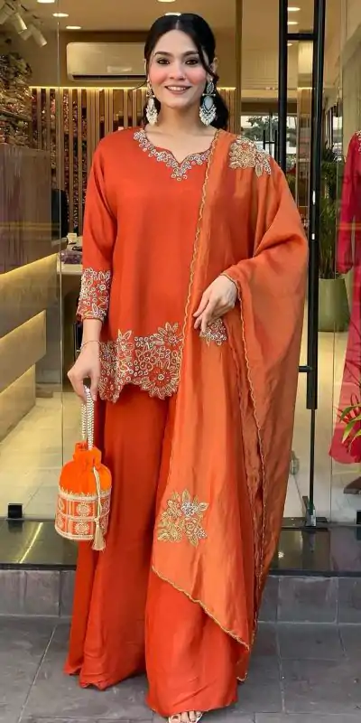 Fancy Orange Color Faux Georgette With Heavy Embroidery Sequence Work Salwar Suit