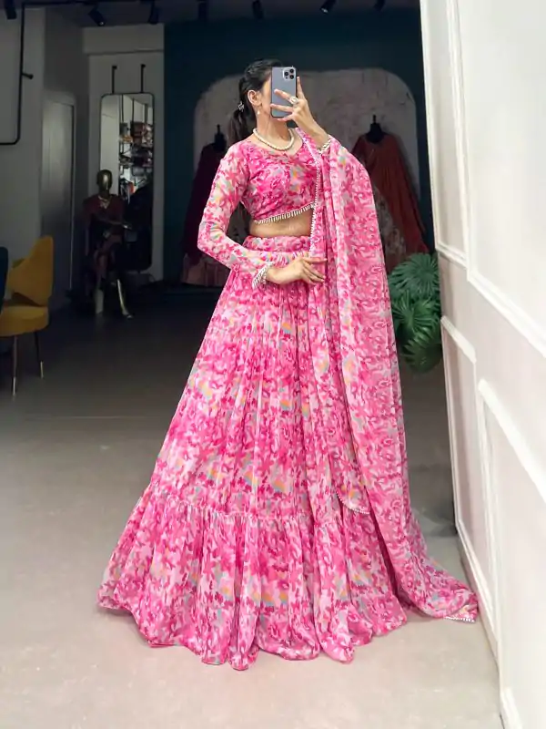 Fancy Pink Color Georgette Printed wrapped With Canvas Lehenga Choli