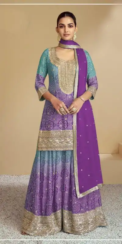 Fancy Purple Color Chinon Digital Print With Mat Sequence Sharara Suit