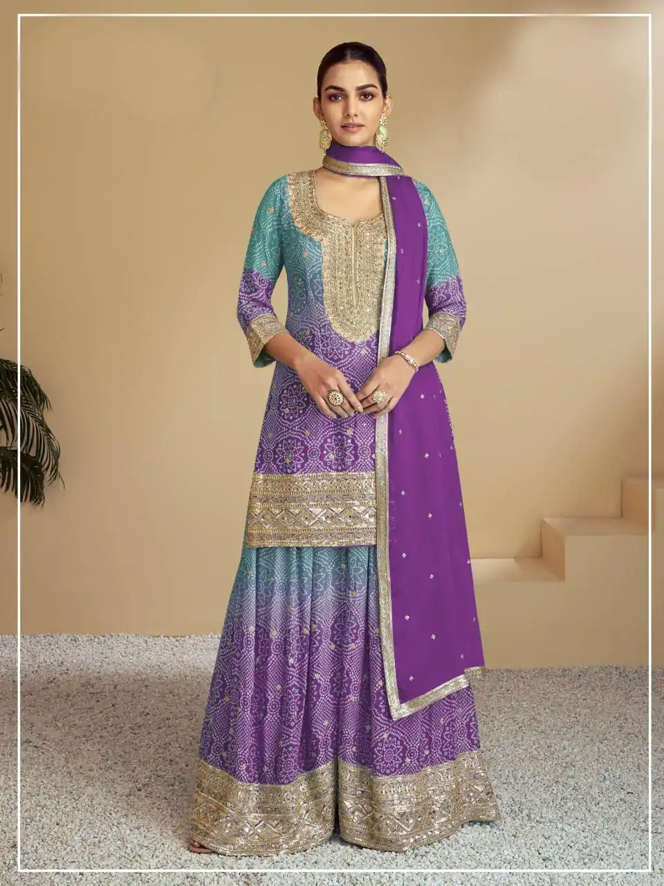 Fancy Purple Color Chinon Digital Print With Mat Sequence Sharara Suit