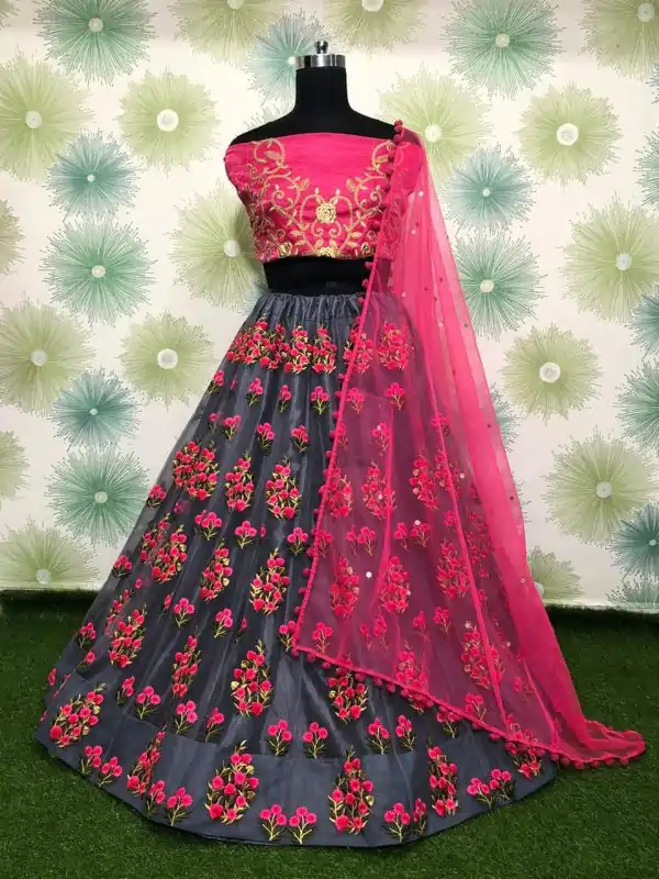 Fantastic Grey Color Zari Dorii Embroidery Net Lehenga Choli