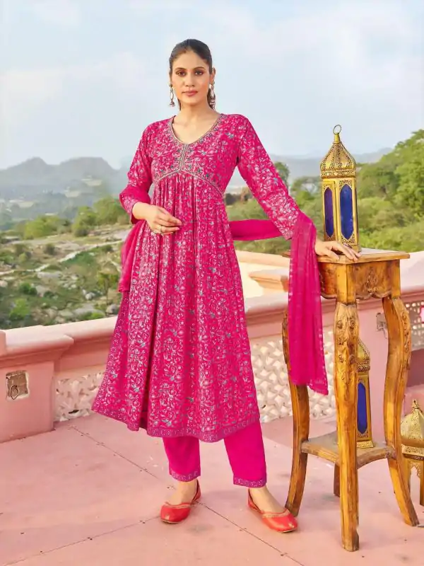 Fantastic Dark Pink Color Rayon Alia Cut With Embroidery Work Kurti