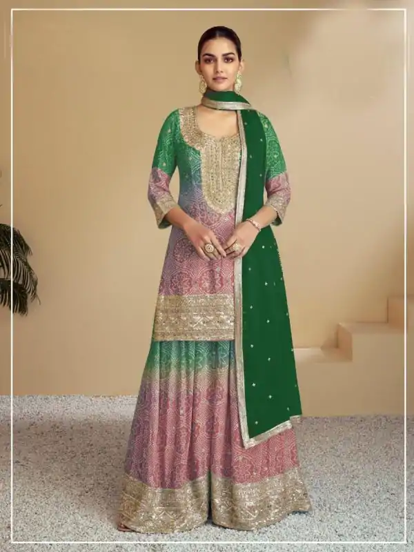 Glowing Green Color Chinon Digital Print With Mat Sequence Sharara Suit