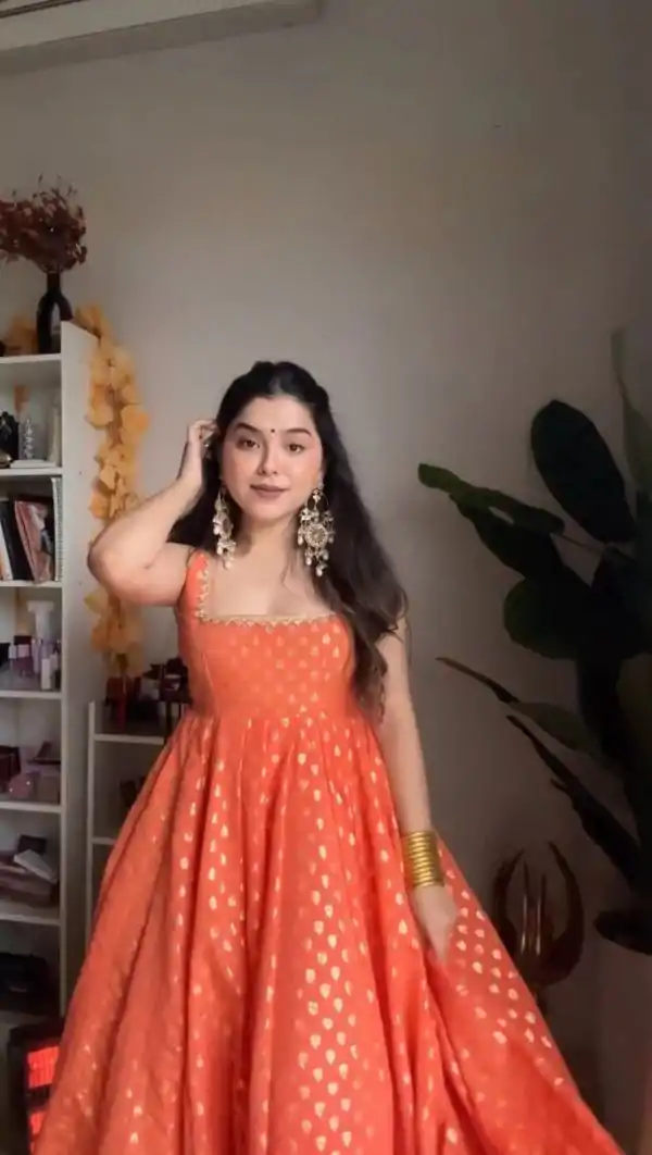 Glowing Orange Color Jacquard silk weaving with Lace border Anarkal Suit