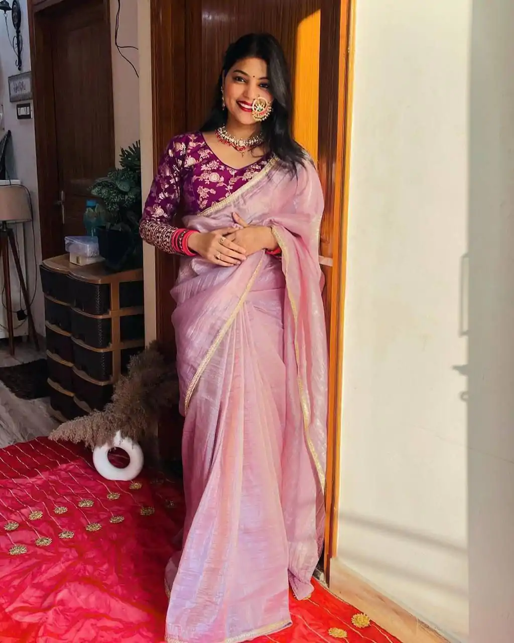 Gorgeous Light Pink Color Pure Tissue Crush Silk Fabric With Fancy Lace Saree - Image 2