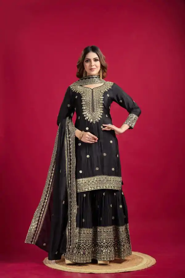 Graceful Black Color Chinnon Silk With Embroidery Work Sharara Suit