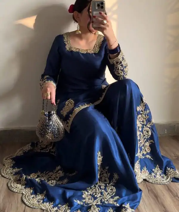 Graceful Blue Color Chinnon Silk With Embroidery Work Sharara Suit