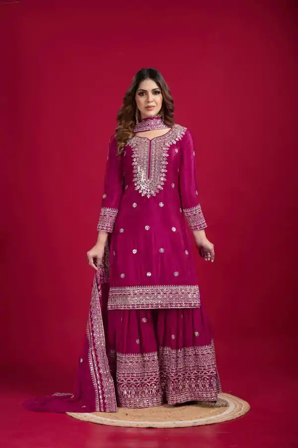 Graceful Pink Color Chinnon Silk With Embroidery Work Sharara Suit