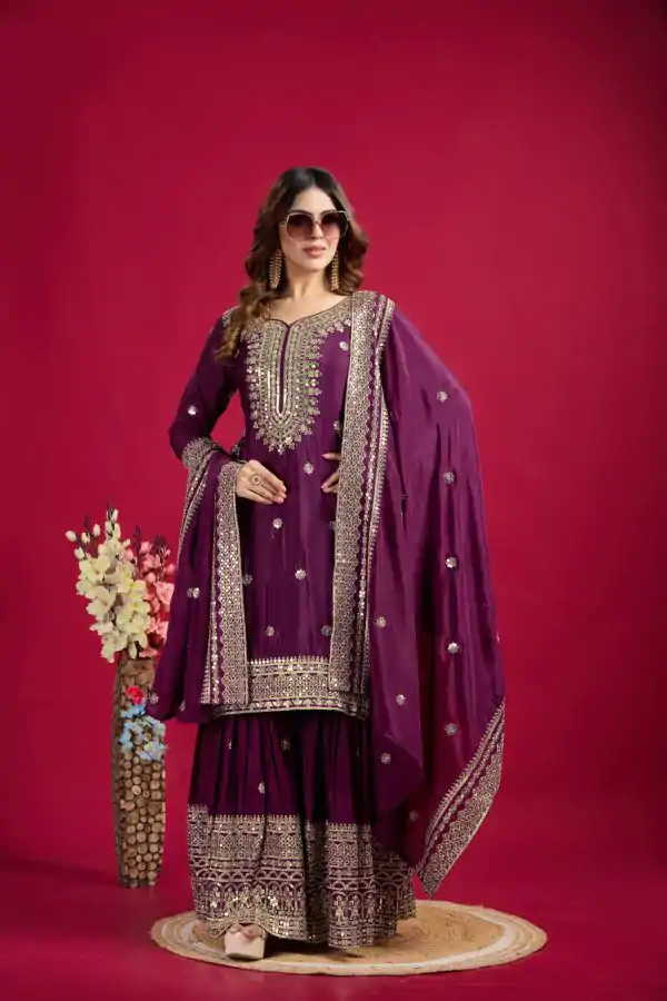 Graceful Purple Color Chinnon Silk With Embroidery Work Sharara Suit