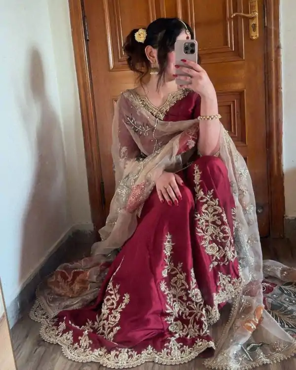 Graceful Red Color Chinnon Silk With Embroidery Work Sharara Suit