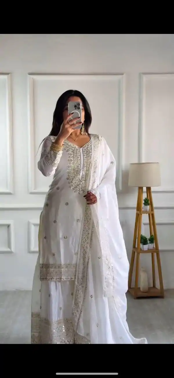 Graceful White Color Chinnon Silk With Embroidery Work Sharara Suit